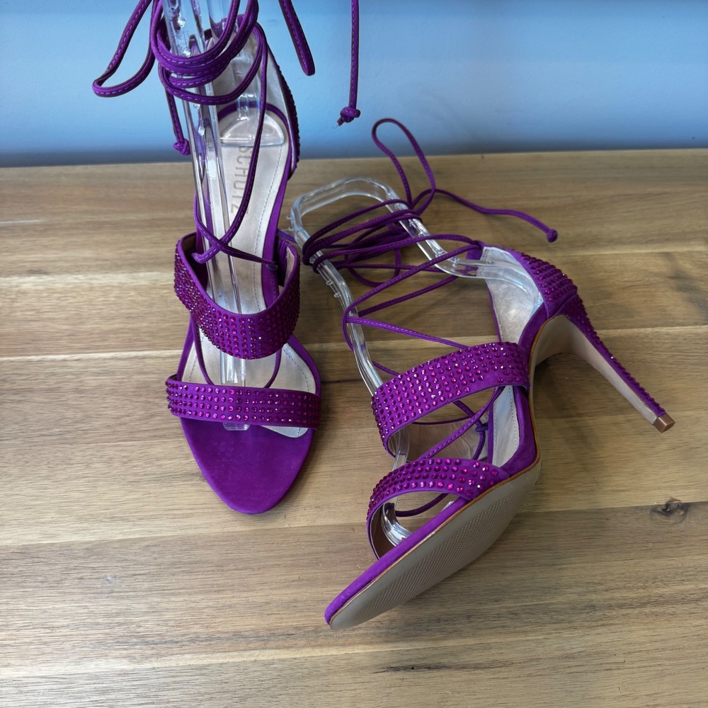 Schutz Sybil Wom 8 Lace Up Rhinestone Stiletto Heel Sandals Violet Purple Suede